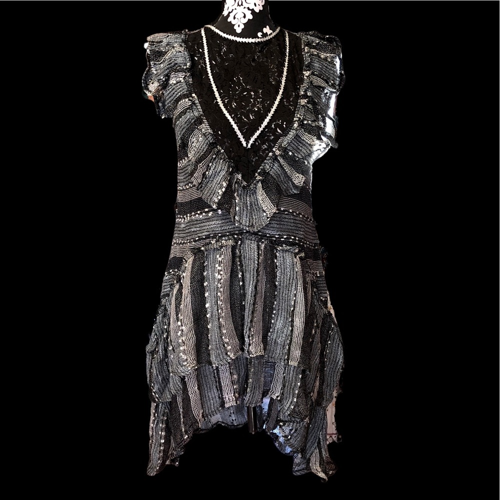 Asymmetrical hi lo stripe lace ruffle mini dress